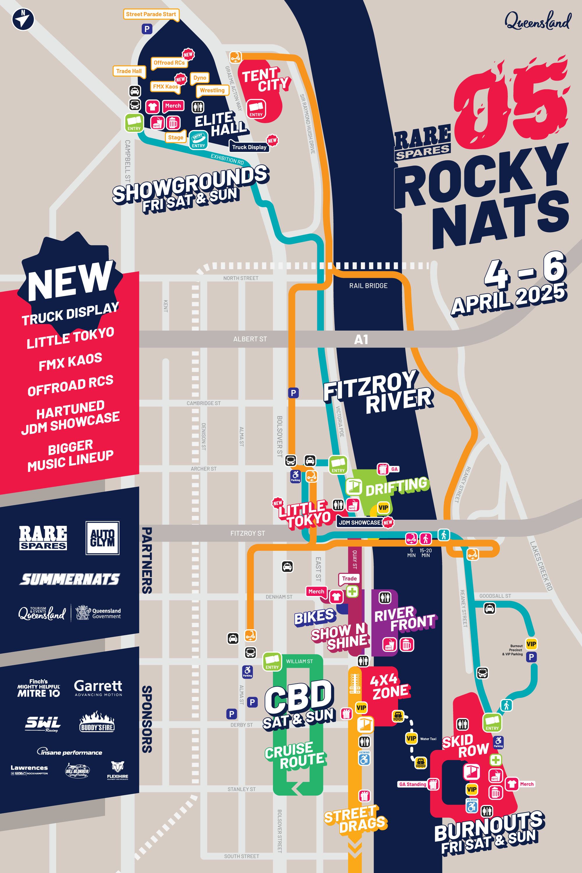 Rockynats 05 2025 Map showing locations of Showgrounds, CBD, Burnouts, Street Drags, Drifting, Elite Hall in Rockhampton CBD