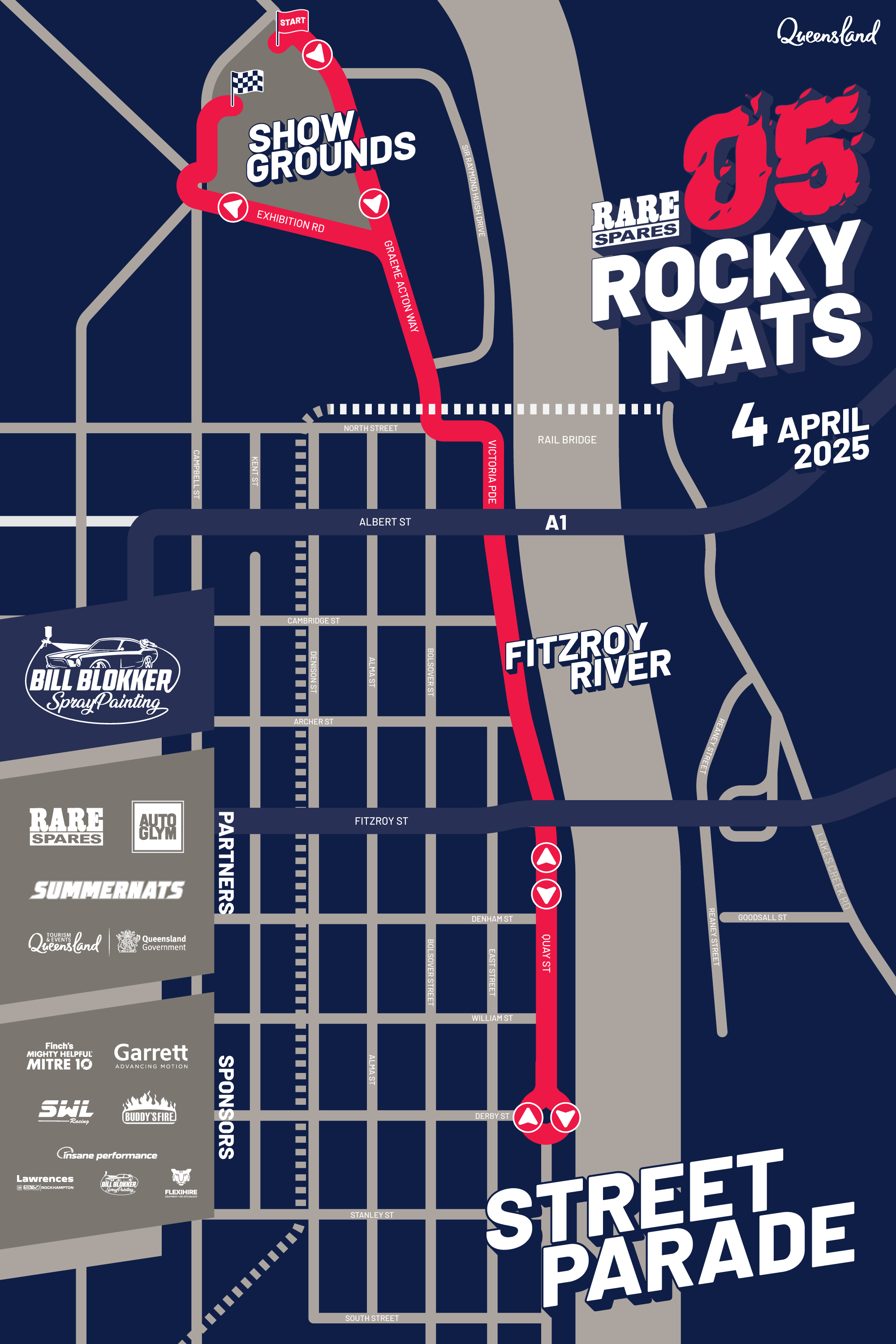 Rockynats 05 2025 Street Parade Route Map from Rockhampton Showgrounds to Rockhampton's CBD