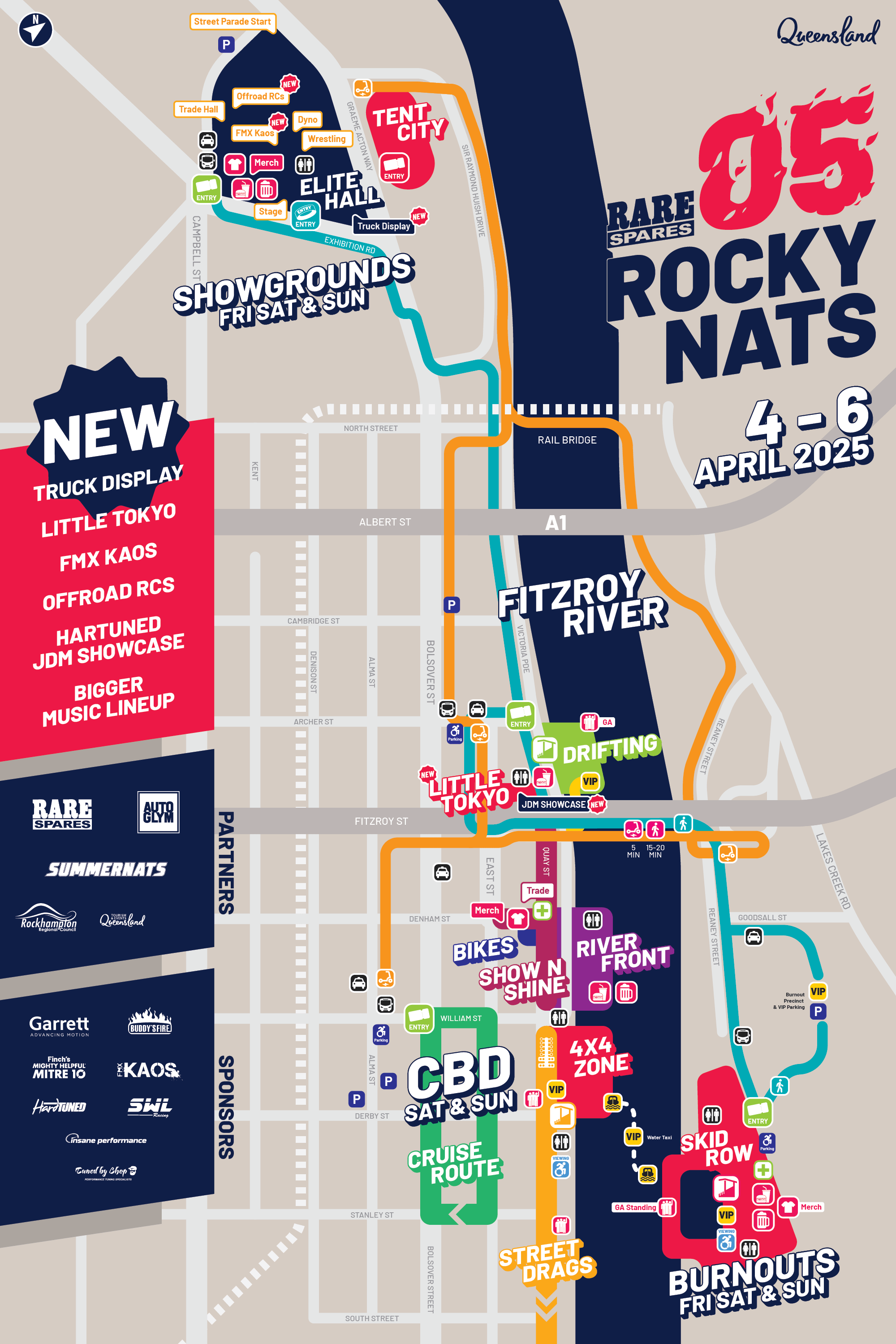 Rockynats 05 2025 Map showing locations of Showgrounds, CBD, Burnouts, Street Drags, Drifting, Elite Hall in Rockhampton CBD