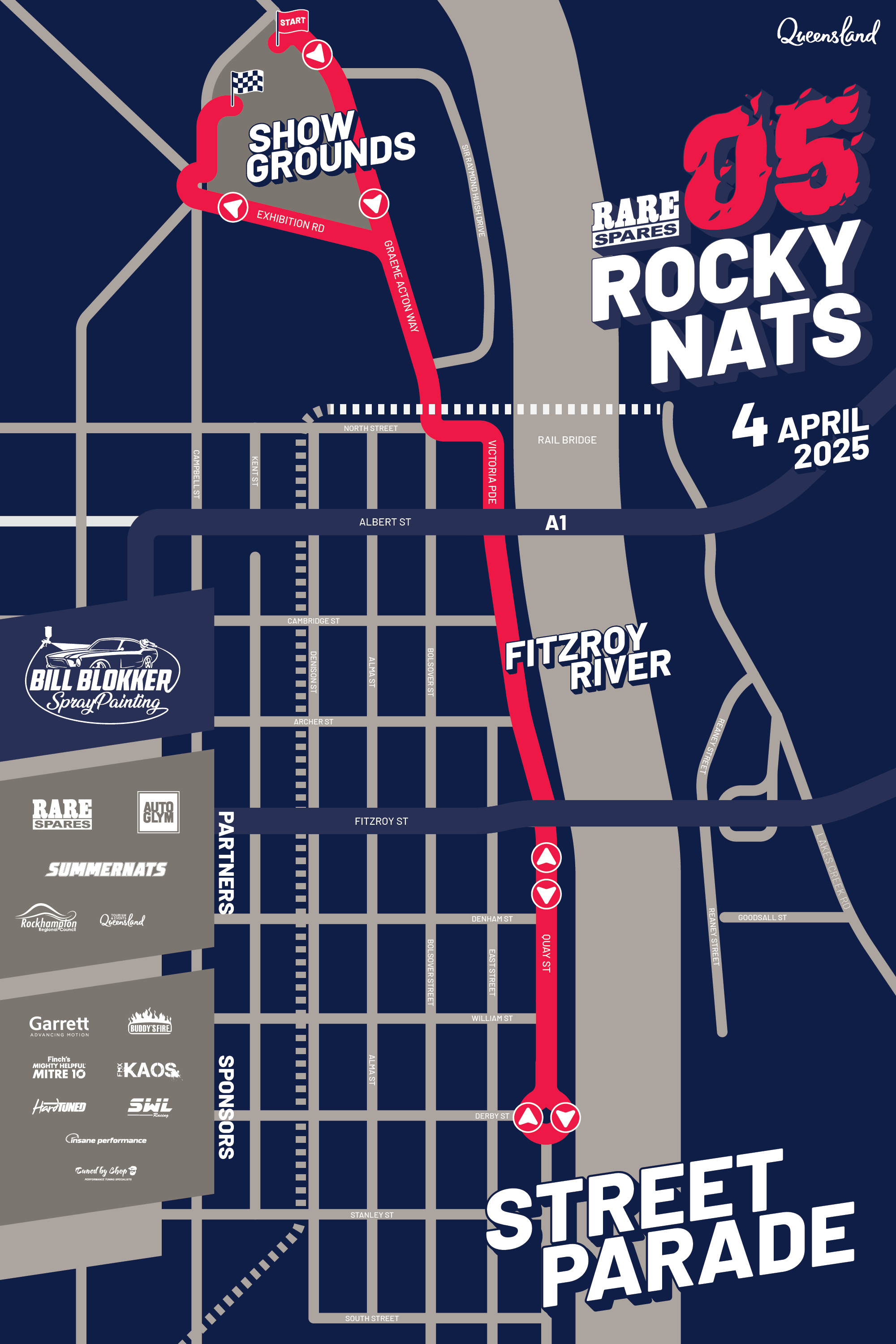 Rockynats 05 2025 Street Parade Route Map from Rockhampton Showgrounds to Rockhampton's CBD